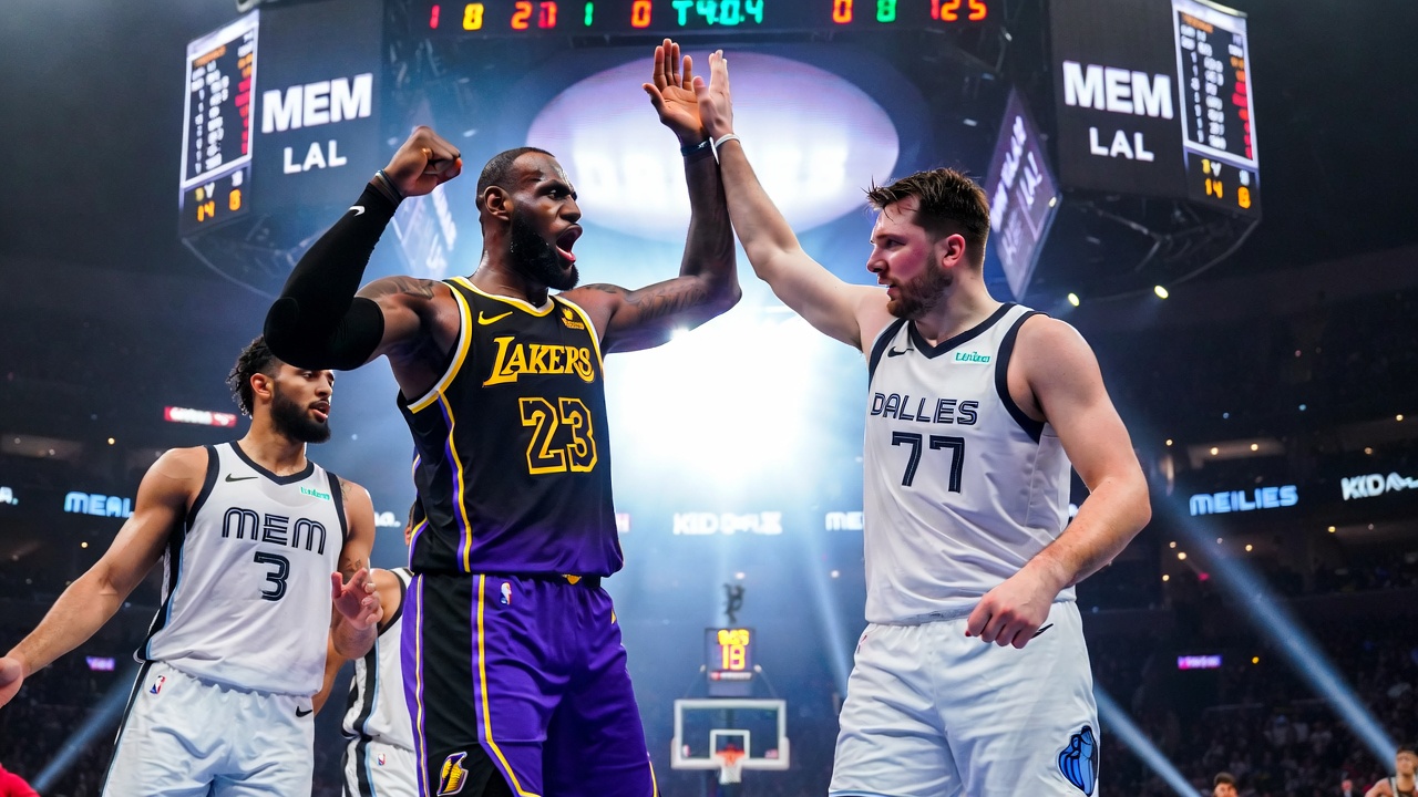 LeBron and Luka high-fiving after a clutch bucket, Grizzlies defenders in frame, scoreboard glow behind them